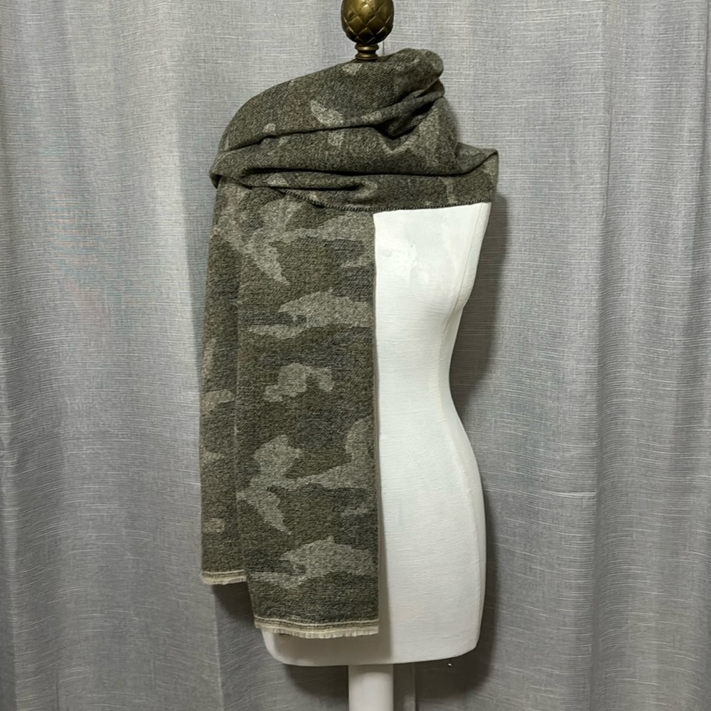 Large 77x28 Scarf/Wrap-Subtle Abstract Camo-Green/Gray-Raw Edge Fringe-Polyester